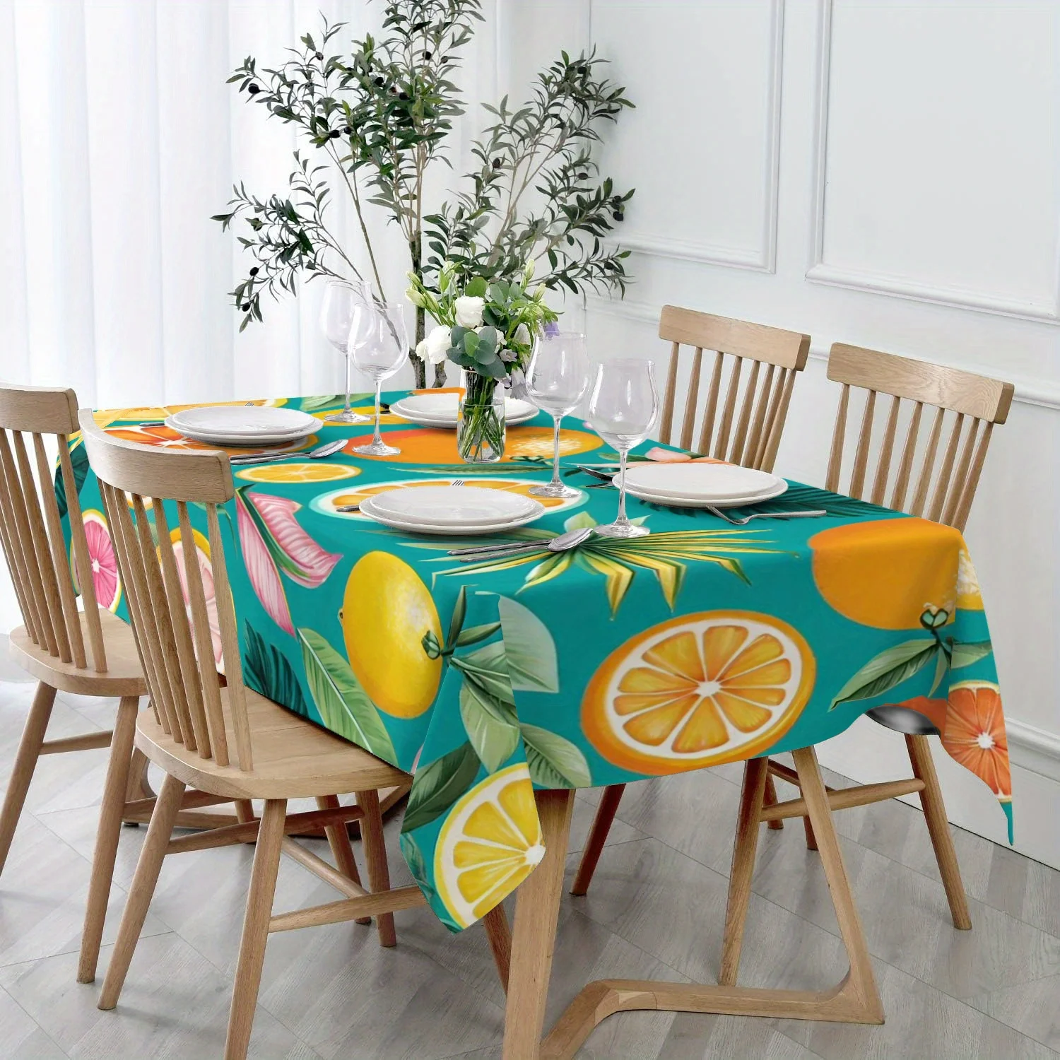 Tropical Fruit Tablecloth, Teal Base With Orange Lemon Slice And Palm Leaf Print, Rectangular Table Cover for Dining Room Home