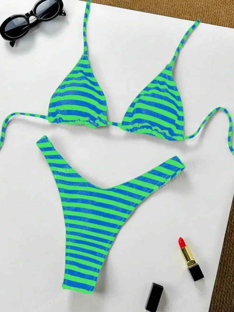 2025 Neuer Strandurlaub, Mode, Persönlichkeit, Ins-Stil, Bikini-Anzug, Y2K, sexy, heiße Mädchen, gestreift, bedruckt, Dreieck, Dessous-Unterwäsche