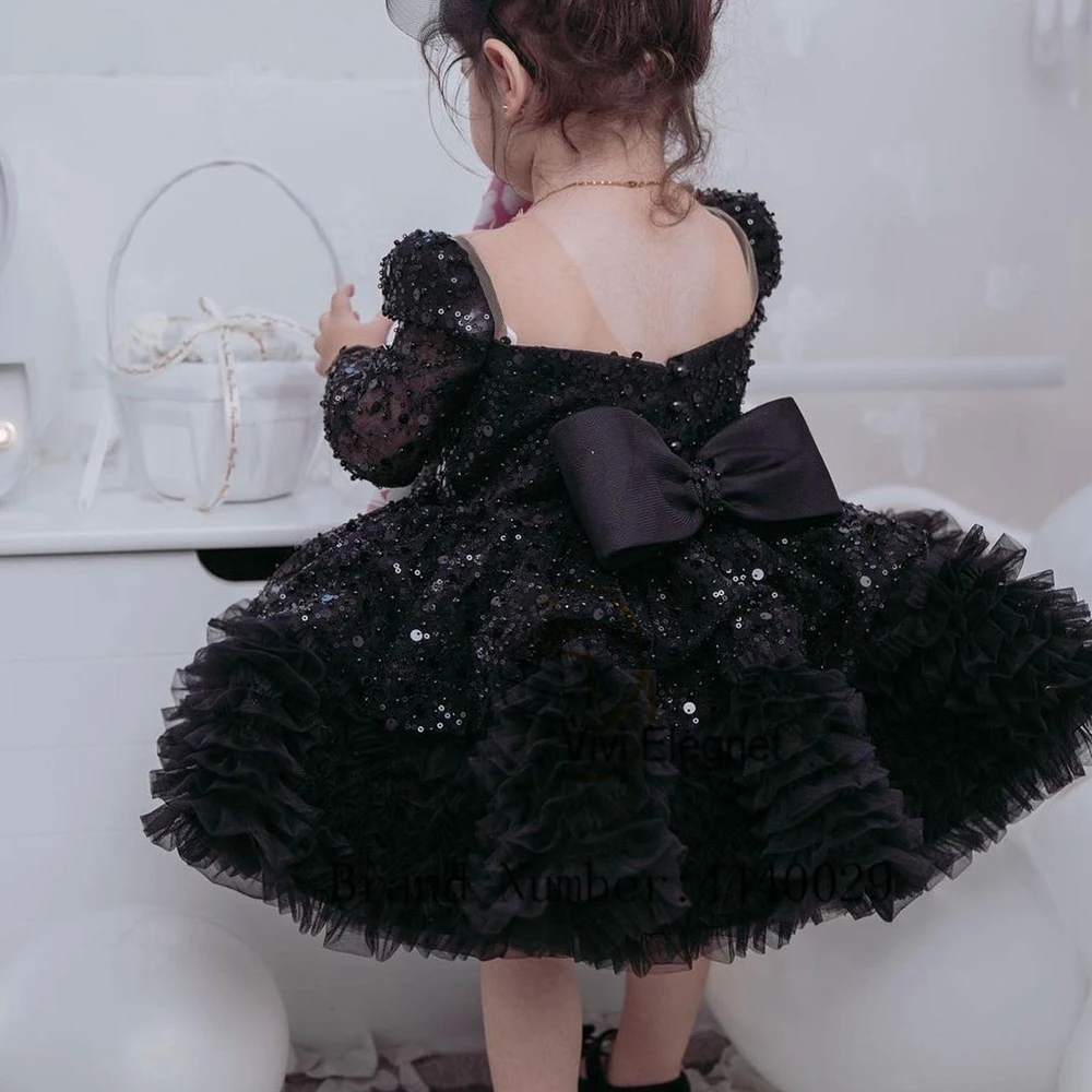 Encantador Praça Collar Black Flower Girl Vestidos com lantejoulas Full Sleeve Sparkle Tiered Tutu Joelho Comprimento Vestidos de festa de casamento