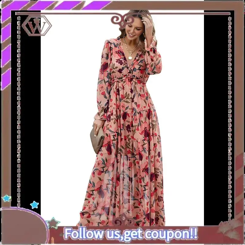 Sukienka maxi w stylu boho dla kobiet, dekolt w serek, bufiaste długie rękawy, falbany, krój w kształcie litery A, rozcięcie, rozkloszowany krój, szyfonowa sukienka.