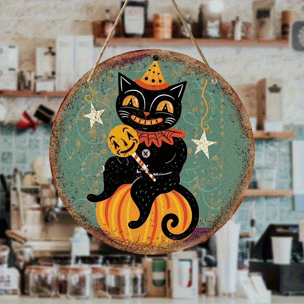 1 Piece Halloween Cat and Pumpkin Shaped 2D Flat Iron Hanging Ornament Suitable for Home, Kitchen, Garden, and Indoor/Outdoor Decoration, Multifunctional Wall Art, Celebration Decoration
