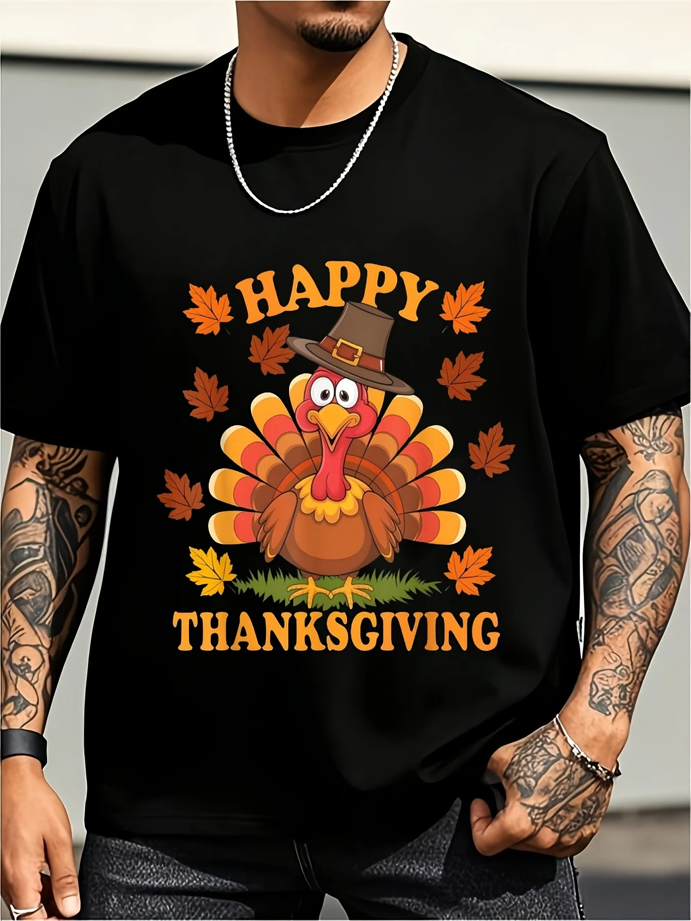 Men's Fun Thanksgiving Turkey T-Shirt Happy Turkey Day Print with Pilgrim Turkey and Autumn Leaves Soft Breathable Crew Neck Short Sleeve T-Shirt Loose Casual Shirt Suitable for Family Gatherings Plus Size Vintage Casual Crew Neck Printed T-Shirt Unisex
