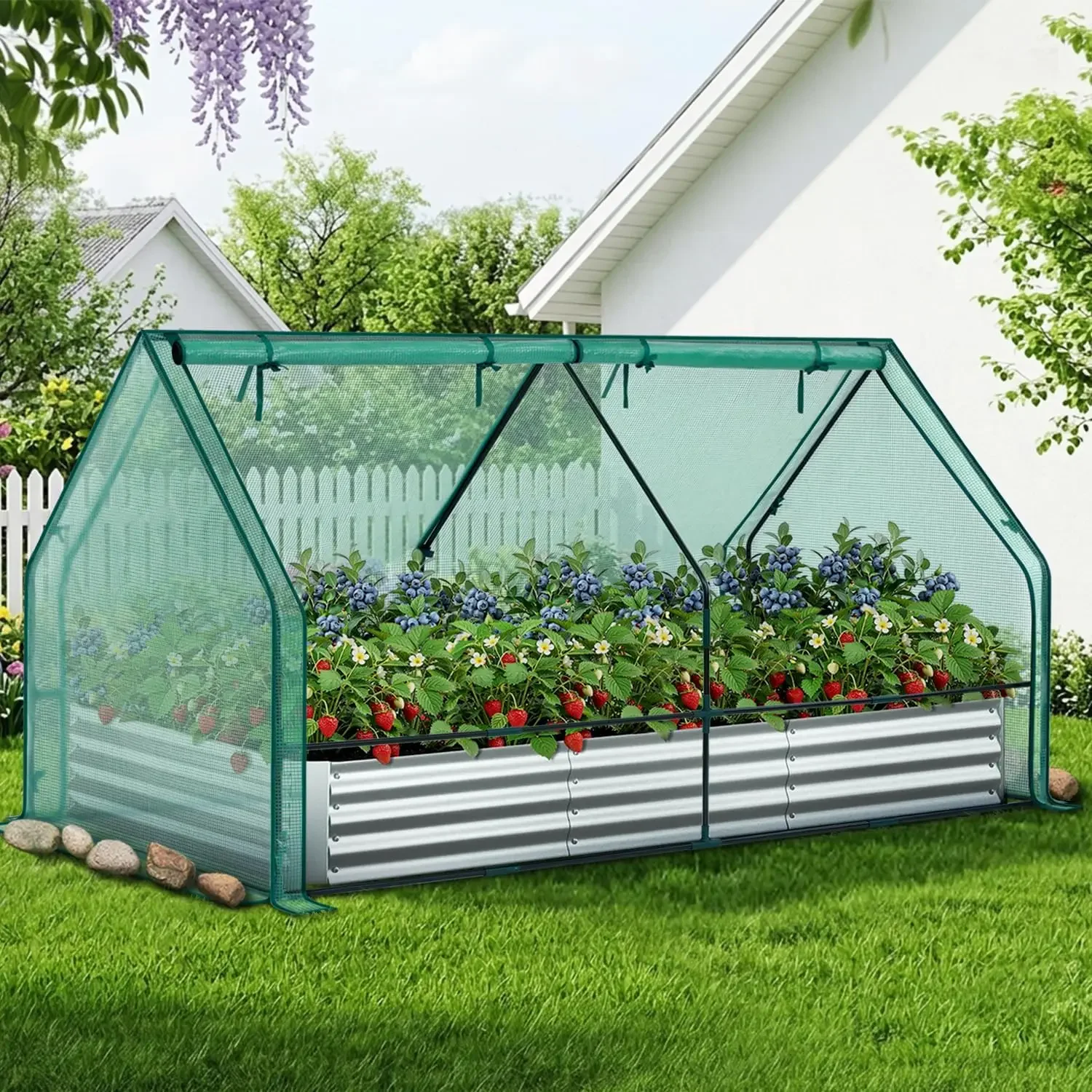 US Warehouse8x4x1 FT Raised Garden Bed Outdoor with Cover, 3-in-1 Gardening Set | PE Greenhouse Cover, 4 Doors for Ventilation,