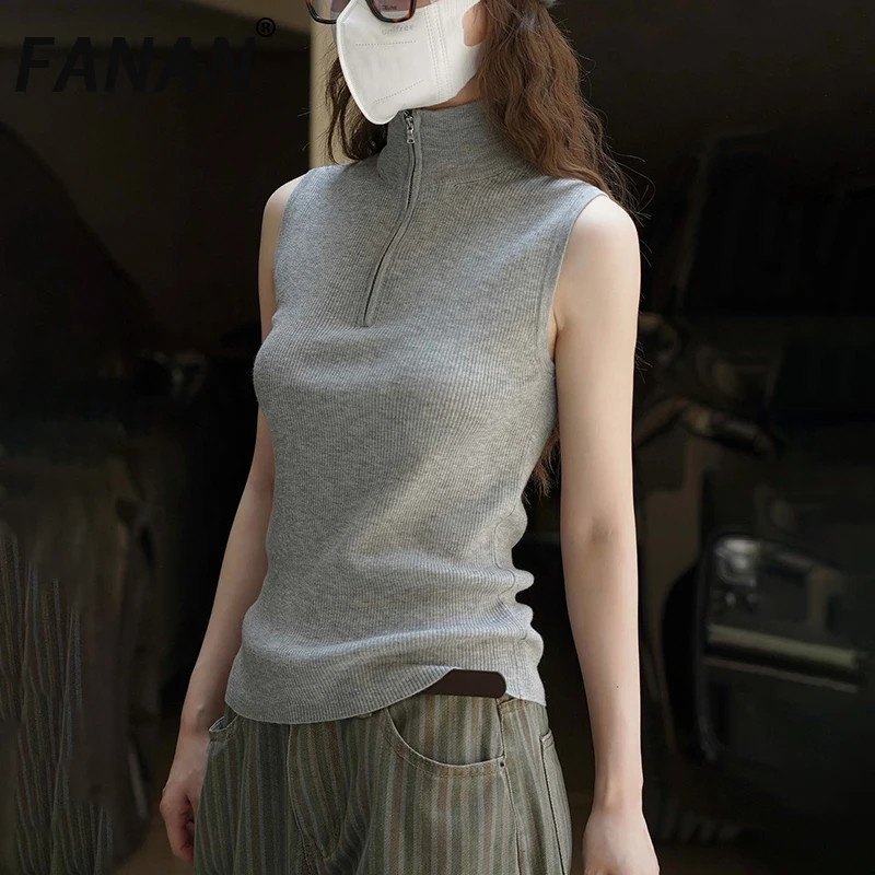 

FANAN Office Lady Knitting Slim Vest For Women Stand Neck Sleeveless Solid Korean Style Tops Female Clothing 2025 Autumn New