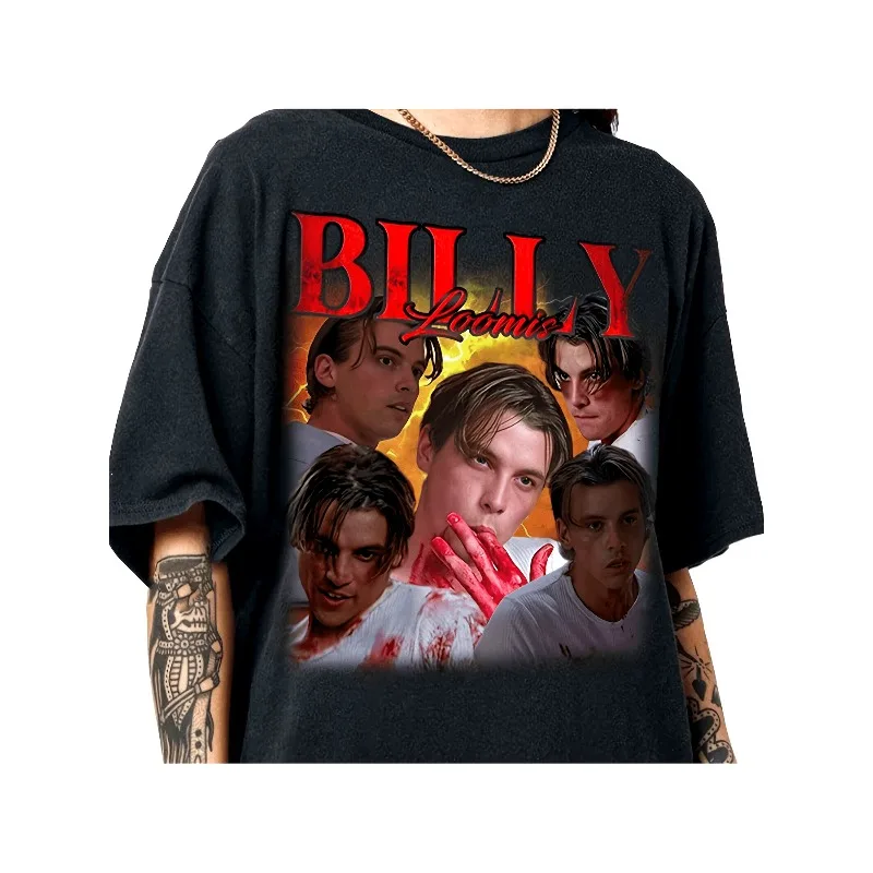 Men's Retro Halloween Horror Pattern T-shirt, Billy Loomis with Blood Stain Design, Black and Red, Casual Short Sleeve