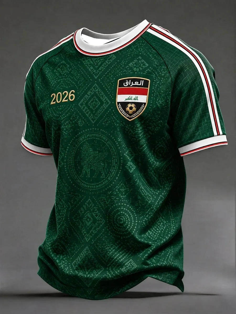 Iraq Soccer Fan Jersey Ethnic Geometric Pattern Emblem 3D Print Breathable Short Sleeve Football Supporter New Family Kids Tees