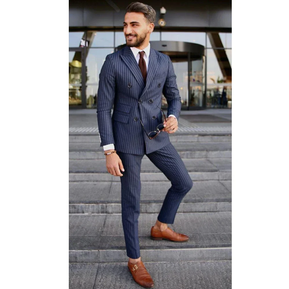 Men Suit Blue Luxury Peak Lapel Double Breasted Costume Homme Slim Fit High Street 2 Pcs Jacket Pants Business Blazer Set