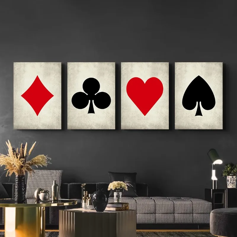 Heart/Spade/Club/Diamond Poker Suits Playing Cards Canvas Posters Prints Wall Art Pictures for Club Bar Casino Card Player Decor