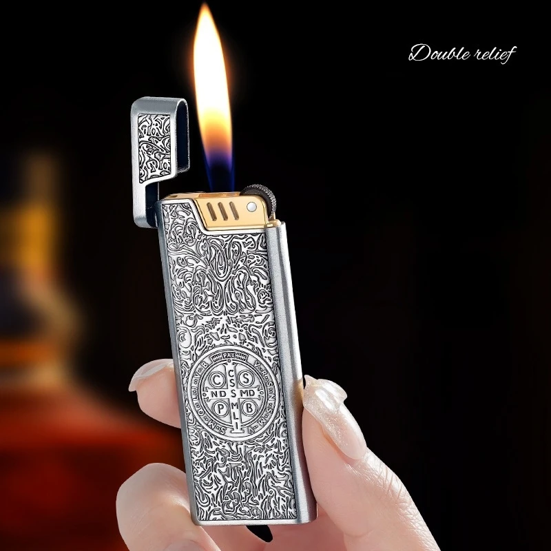 New Ultra-thin Finely Carved Inflatable Lighter Retro Metal Grinding Wheel Portable Lighter Cigarette Accessories Men's Gift
