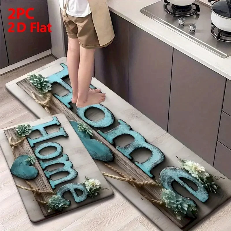 VIKAMA Home Letter Kitchen Rug Set,Non Slip Washable Anti Fatigue Mat,Wood Blue Heart Plant Entry Hall Decor Floor Rug