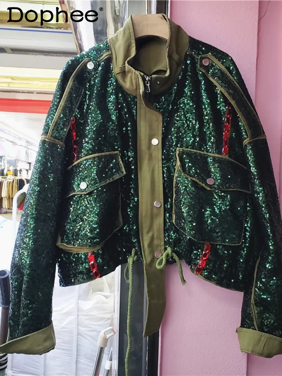 Industria pesante verde paillettes tuta giacca donna 2023 primavera autunno nuove donne vestiti di alta qualità grande tasca corta cappotto marea