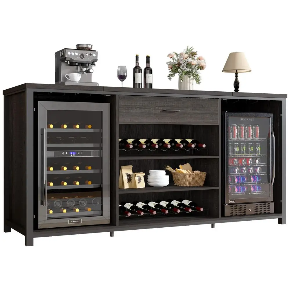 

Long Bar Cabinet with Fridge Space, Farmhouse Big Liquor Cabinet with Drawer Storage, Rustic Wood Metal Large Wine Cabinet with