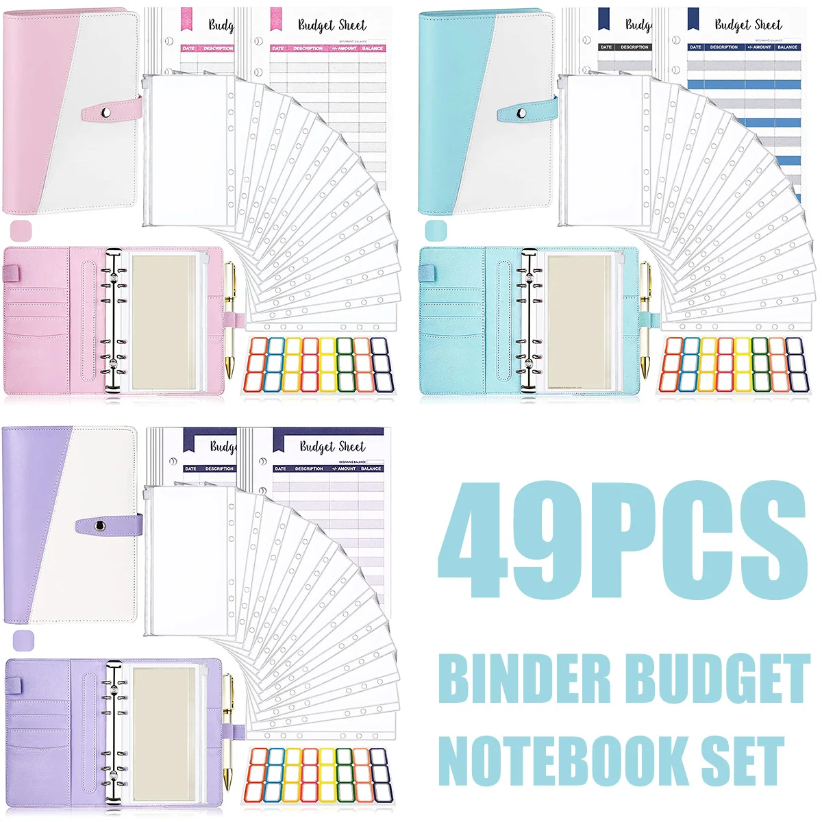 Multifunctional A6 Budget Binder with 12 Clear Zip Pockets and 12 Budget Sheets PU Cash Envelopes Portable Envelopes Organizer f