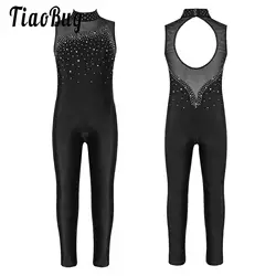 Kids Girls Sleeveless Gymnastics Ballet Dance Leotard Rhinestones Figure Ice Skating Bodysuit Dance Costumes Unitard Jumpsuit