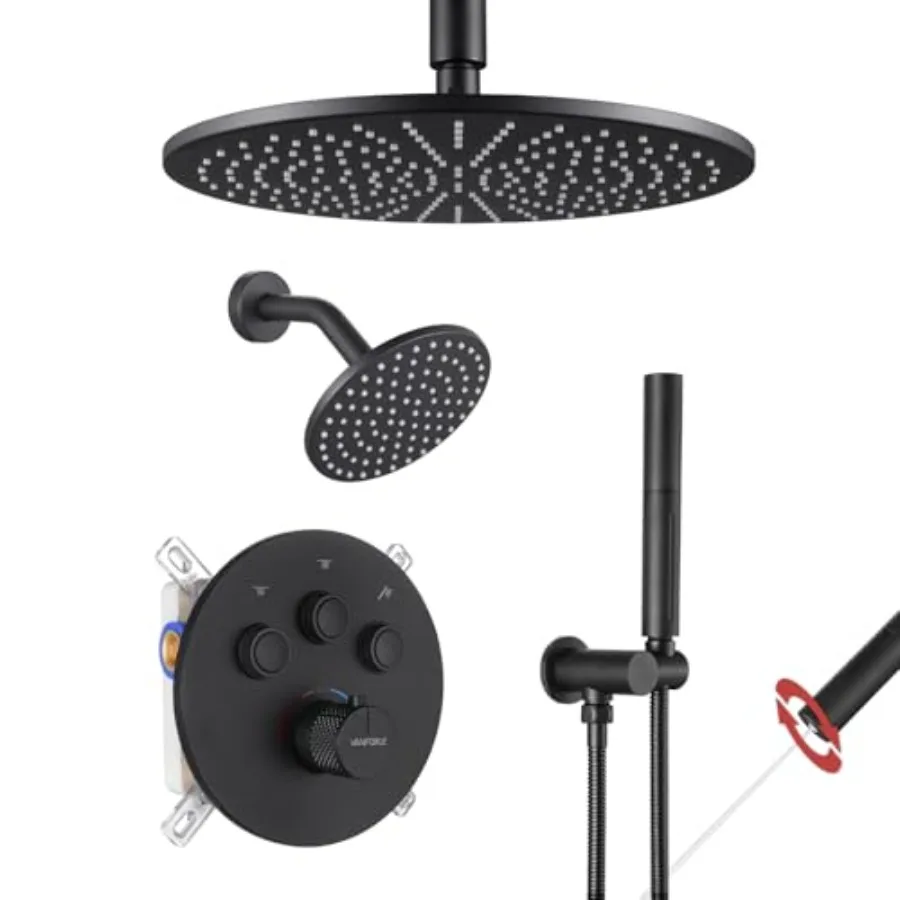 

Термостатический душевой гарнитур, матовый черный, с кнопочным переключателем, 2-в-1, ручной душ, потолочное крепление