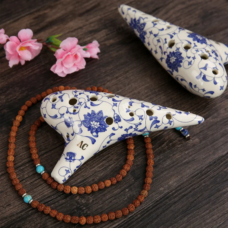 12 Holes Alto C Ocarina Blue Painted Ceramic Ocarina AC SC SG SF Keys Professional Performance Wind Instrument