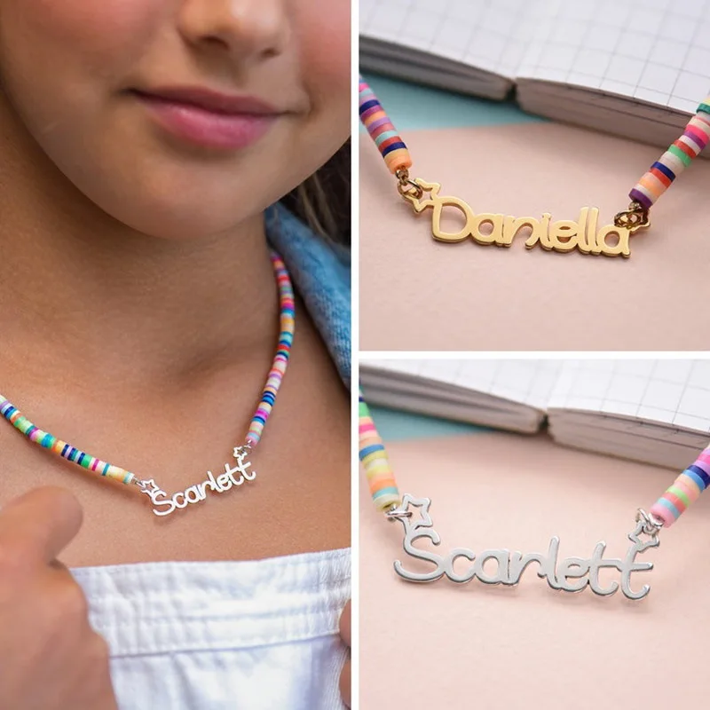 

Colorful Kids Custom Name Necklace Soft Pottery Bead Chain Personalized Nameplate Stainless Steel Jewelry Polymer Clay Choker