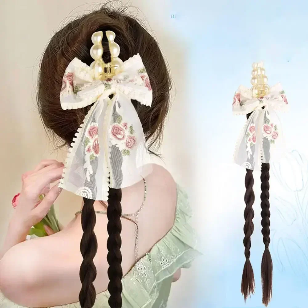 

Female synthetic Wig Twisted Fake Ponytail Headdress Retro Lace Flower Bow Hairclip Sweet Gentle Versatile Hairstyle