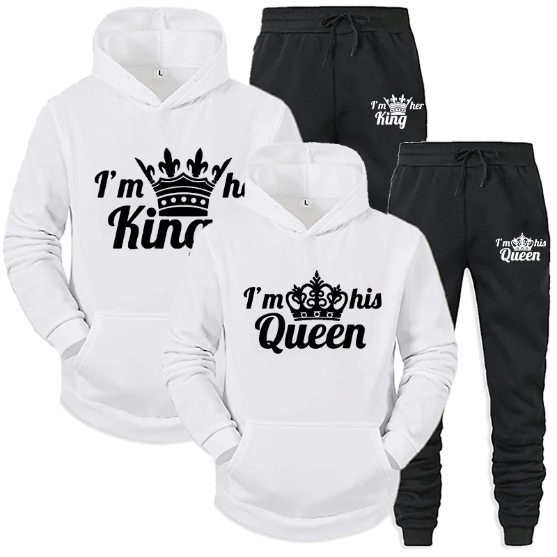 Chándal de dos piezas para mujer, Sudadera con capucha, ropa con estampado de QUEEN y KING, talla grande