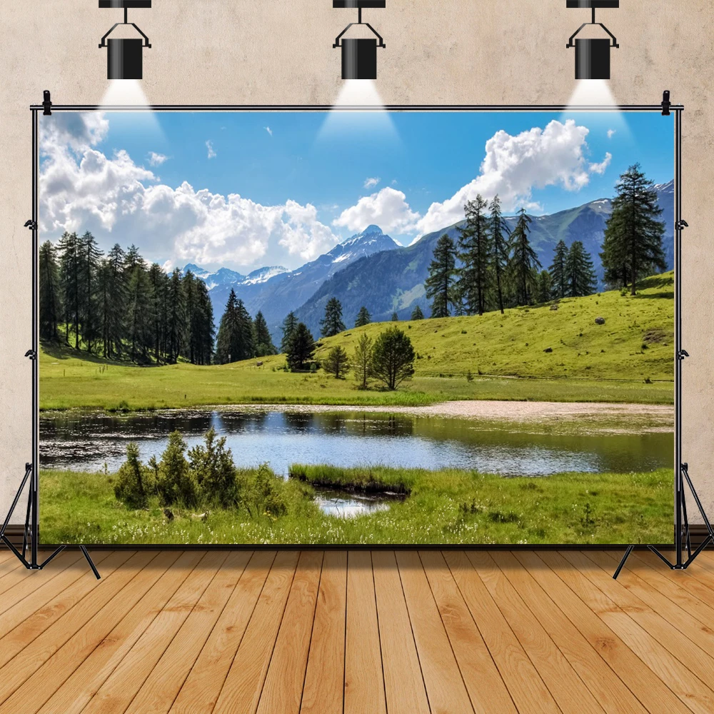 ธรรมชาติพื้นหลัง Lake Mountain ต้นไม้ป่าสีเขียวหญ้าท้องฟ้าสีฟ้ามีเมฆ Scenic การถ่ายภาพฉากหลัง Photocall Photo Studio