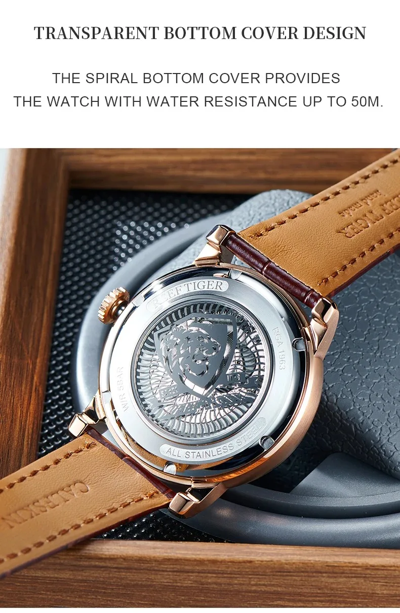 Мужские автоматические часы Reef Tiger, 42,5 мм, винтажные механические наручные часы, 50 м, водонепроницаемые, с сапфировым стеклом, с несколькими циферблатами, месяца, неделя, дата