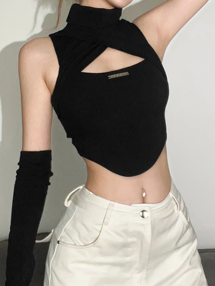 2025 New Retro Dark Techwear Y2k Hollow Out Tank Top Punk Gothic Turtleneck Women Sexy Crop Camis Glove Sleeve Skinny Streetwear