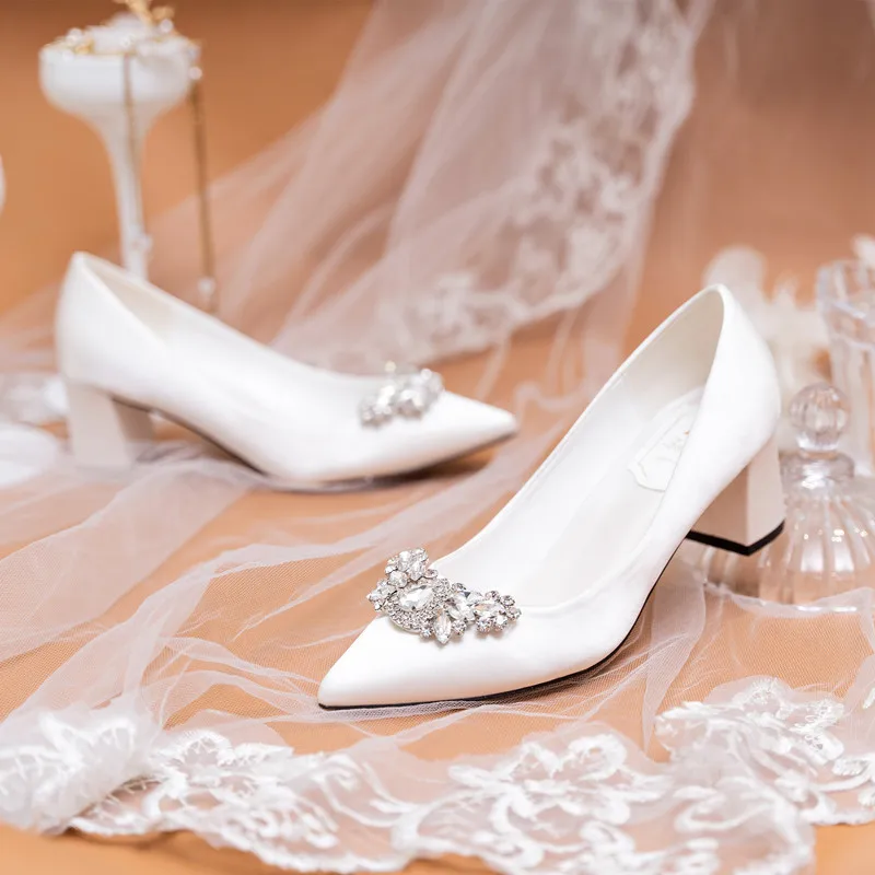 

Bridal Wedding Shoes White Satin Crystal Rhinestones Chunky Heels French Design Plus Size Wedding Dress Bride Shoes