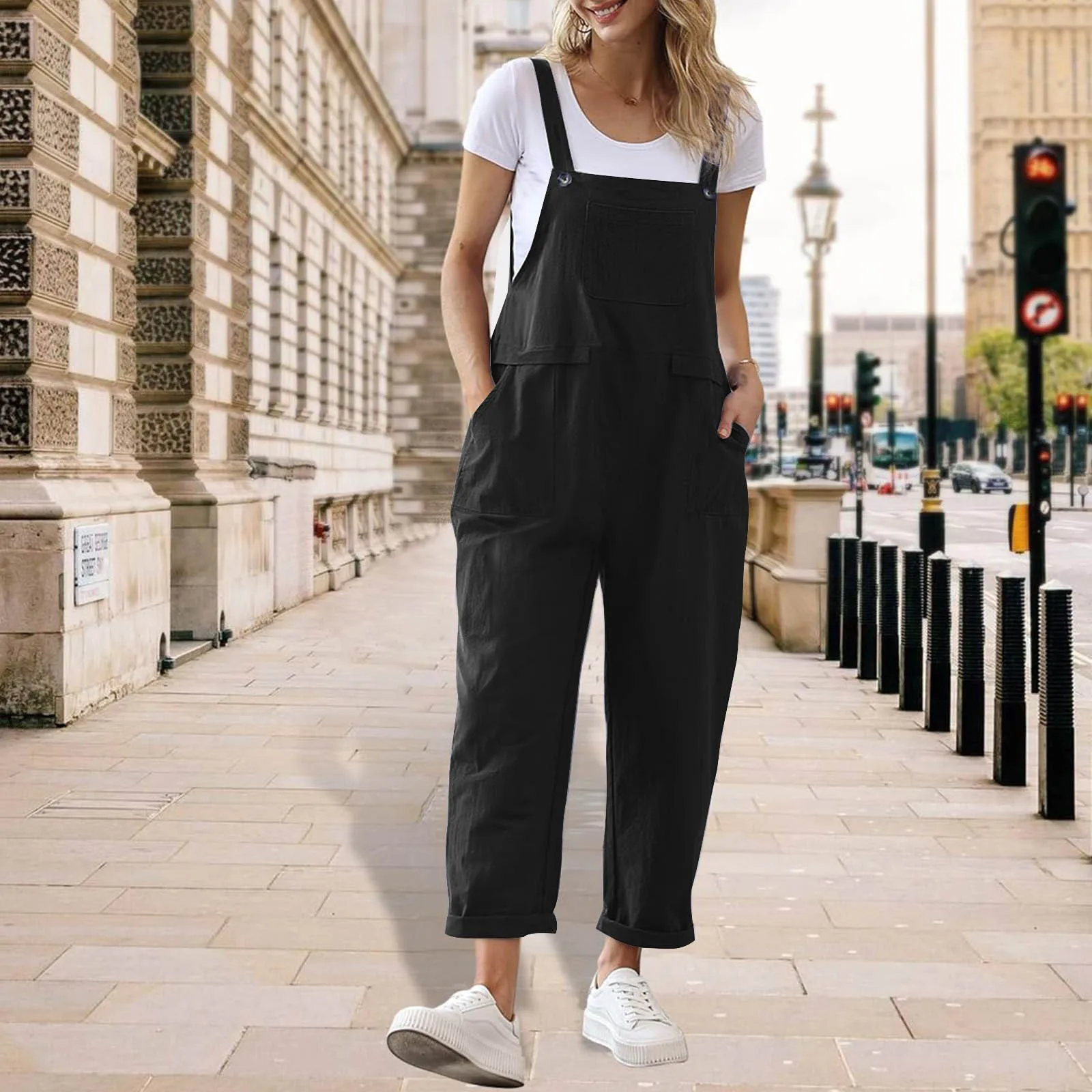 Ladies Summer Loose Strap Jumpsuit Casual Wide Leg Pants Fashion Leisure Solid Color Outwear Women Shoulder Strap Pockets Romper