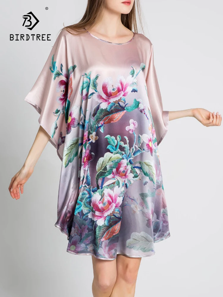 Birdtree 100%Mulberry Silk Printed Nightdress Loose Women Short Sleeved Straight Tube Spring/Summer Eleglant Nightgown P38866QC