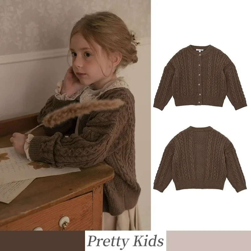 

In Stock! 2024 AW New LOU Children's Vintage Cardigan Sweater Coat Girls Twist Woolen Sweater