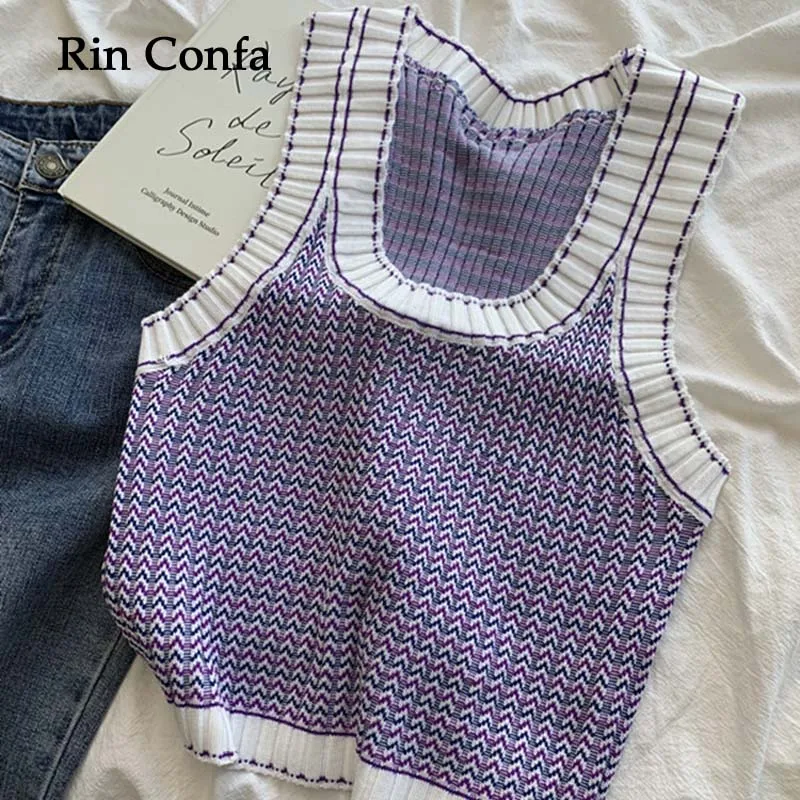 

Rin Confa Women Vintage Purple Color Striped Sweater Camisole Crew-neck Sleeveless Soft Knitted Vest Y2K Harajuku Sweet Cute Top