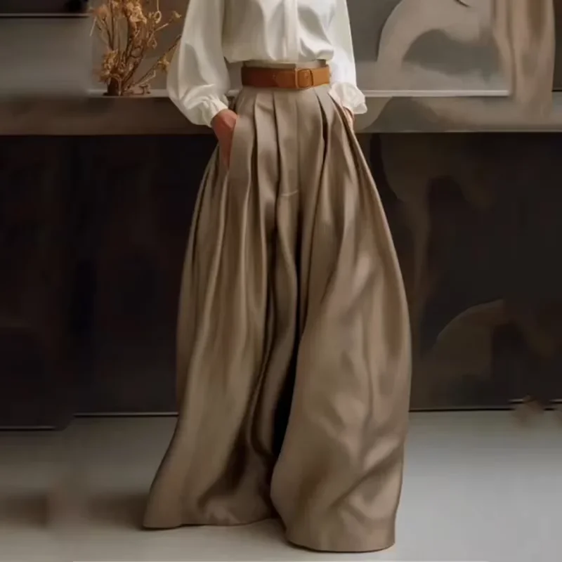Female Stylish Solid Color Pleated Wide Leg Pants 2025 New Autumn Loose Casual High Waisted Trousers Bottoms No Belt