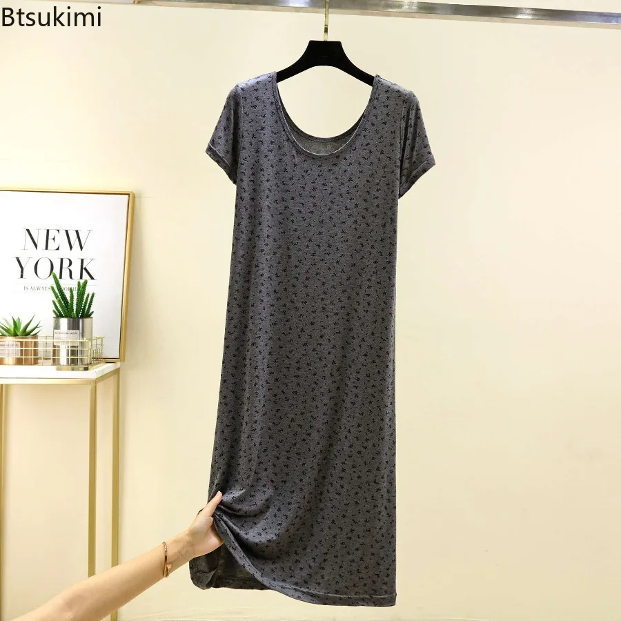 

Новинка 2026 года, женская ночная рубашка из модала с цветочным принтом и короткими рукавами, летнее тонкое домашнее платье, свободное повседневное длинное платье с круглым вырезом для женщин