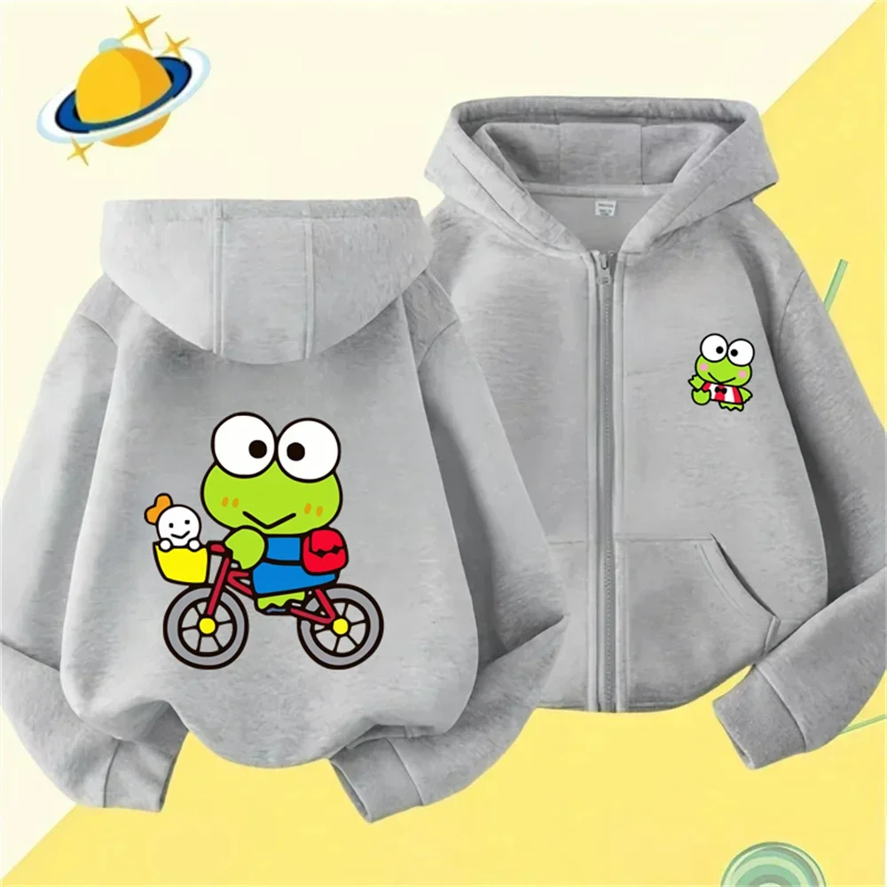 

Soft Kero Keroppi Clothing for Boys and Girls, Elegant Solid Color Hoodie with Cute Frog Design Comfortable Zipper Cardigan