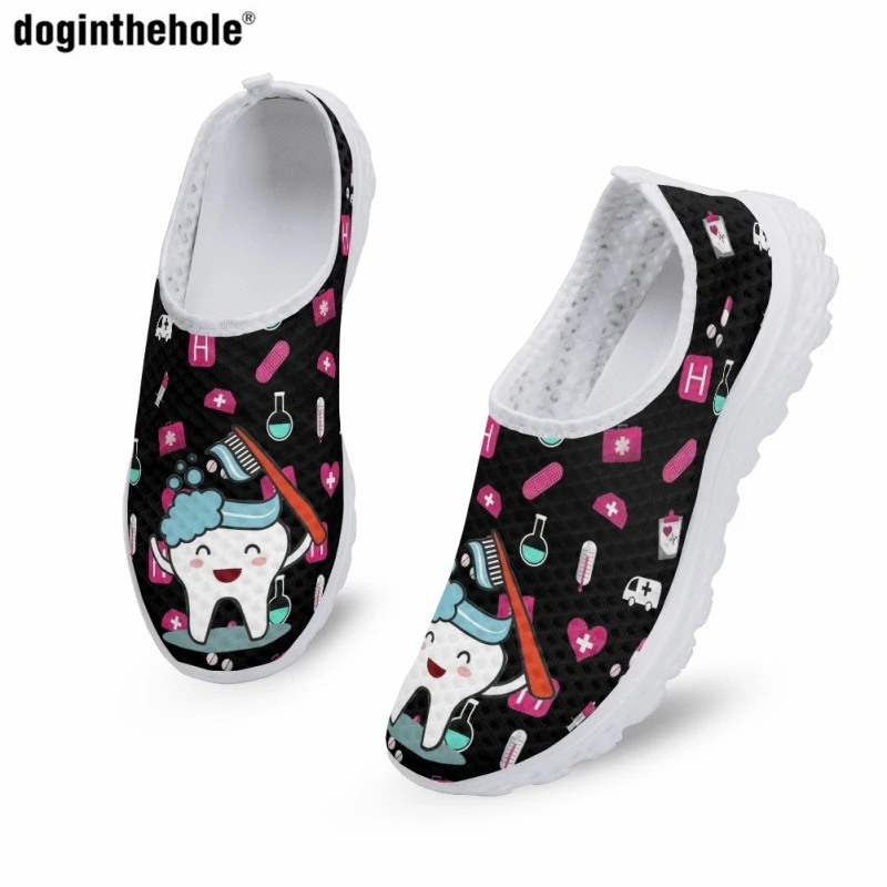 Doginthehole Fashion Women's Casual Nurse Shoes Kawaii Dental Printed Flat Shoes Comfortable Breathable Summer Slip on Mesh Shoe