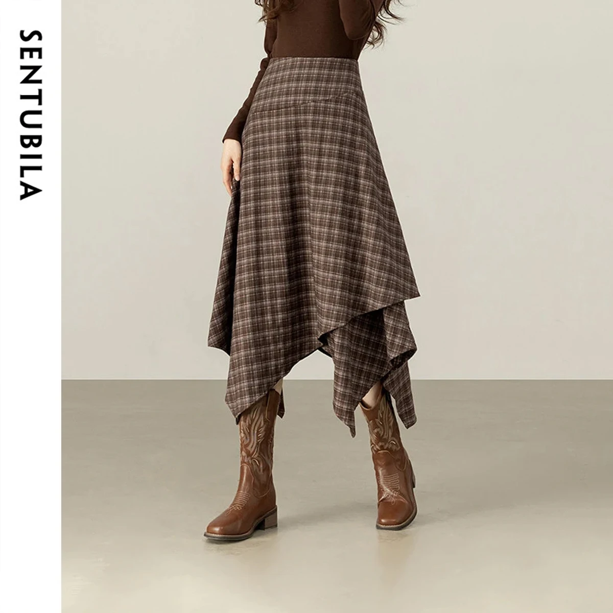 SENTUBILA Women's Plaid Skirt 2026 Vintage High Waist Asymmetry A Line Long Skirts Winter Casual Clothing for Women W54QP5992