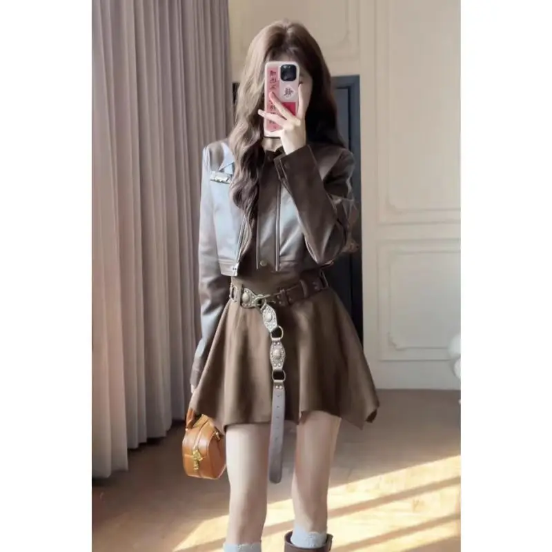 

Maillard Retro High-End Short Leather Jacket Spring New Style Slim Suspender Dress Suit For Women