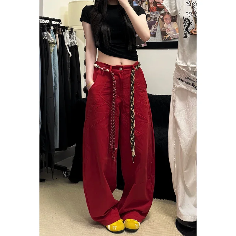 

Женские винтажные бордовые джинсы с высокой талией Y2K, уличная одежда в американском стиле, джинсовые брюки, повседневные женские брюки 90-х годов, 2025