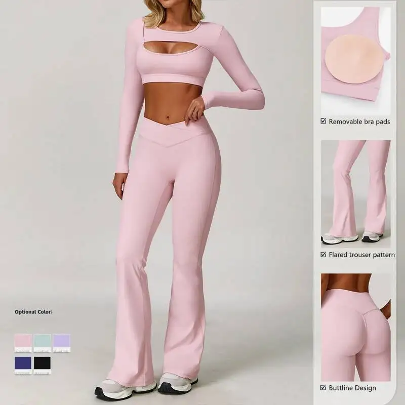 

PCS Long Sleeved Sports Women Quick Drying Workout Suit Casual Flared Pants Set Female Soften Yoga Clothing