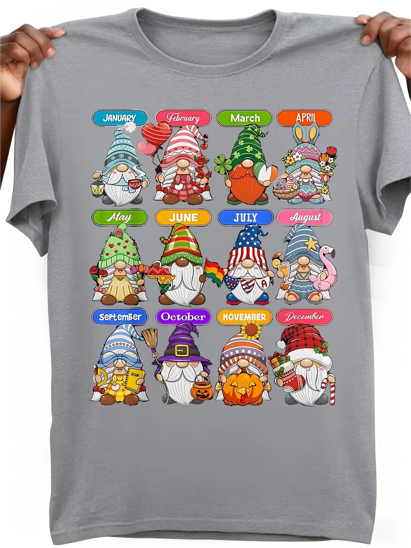 Retro Monthly Gnome T-Shirt - - Round Neck Casual Shirt with 12 Holiday Gnomes for Year-Round Wear | Machine Washable Apparel Suitable for Parties, Gifts & Everyday Outfits (No Text)