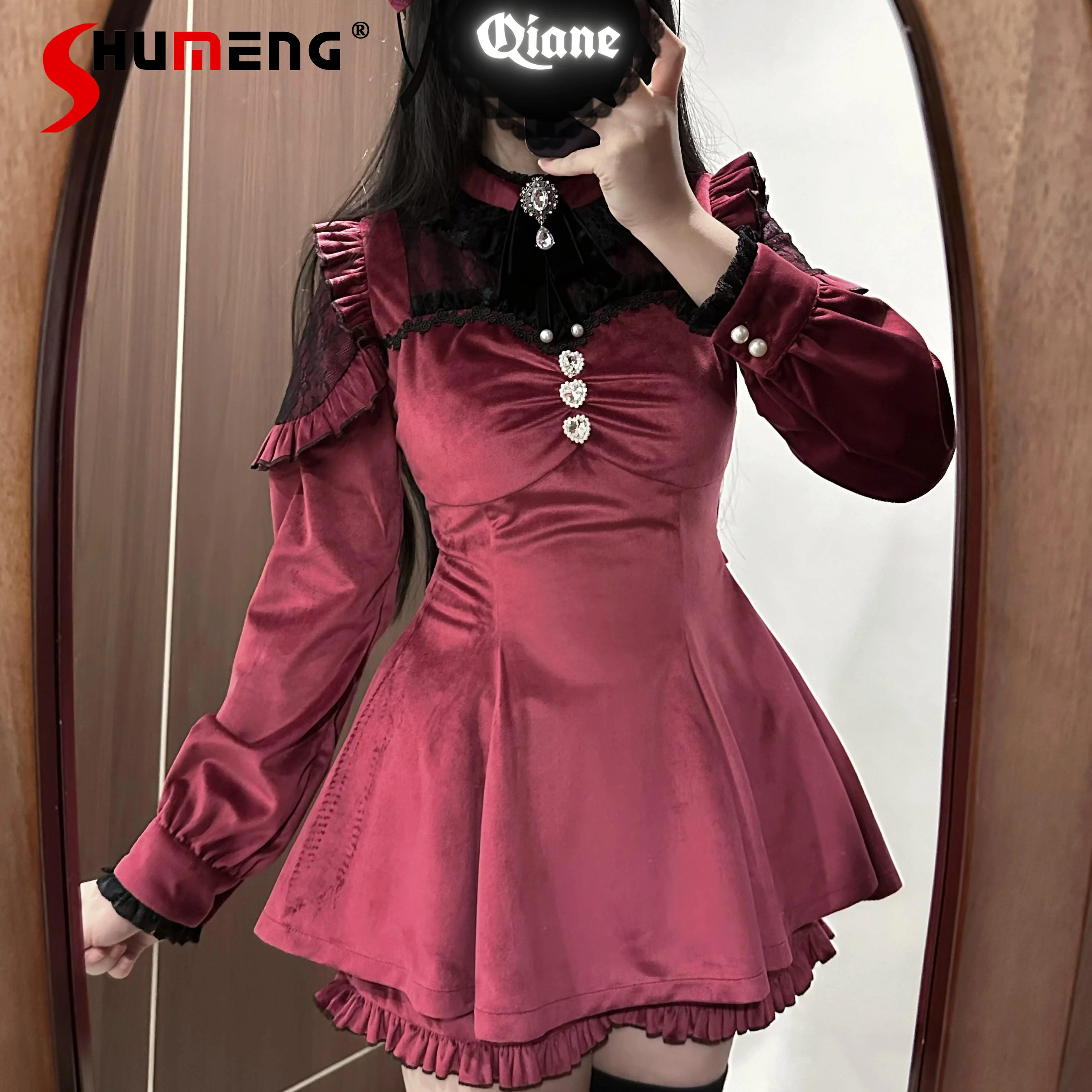 

Mine Style Mass Production Long Sleeve Dress Set Lady Vintage Gothic Burgundy Top and Shorts 2 Piece Sets Womens Lolita Outfits