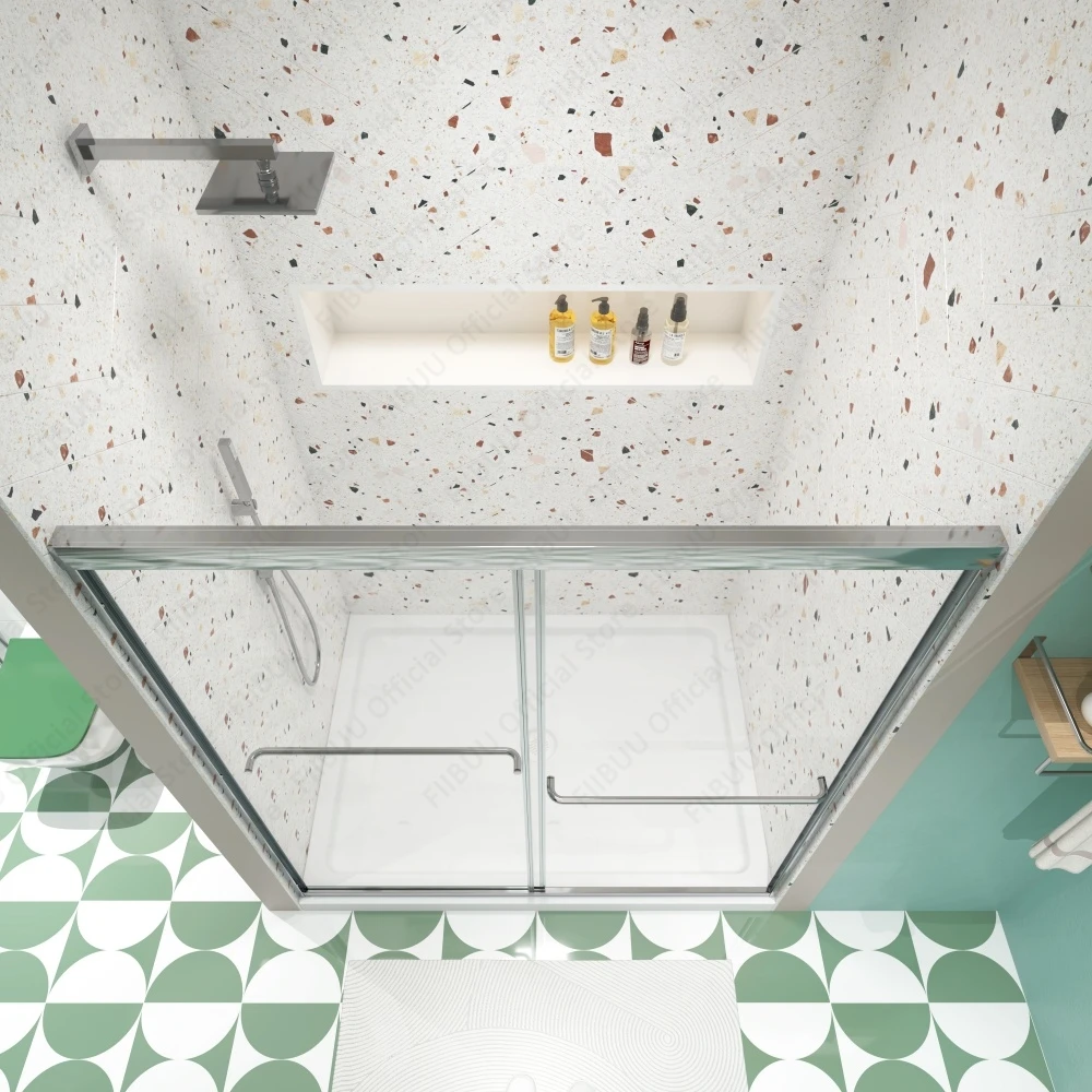 Double Sliding Bypass Sliding Shower Door with Tempered Glass Smooth Rollers Waterproof for Bathroom Semi-Frameless Enclosure