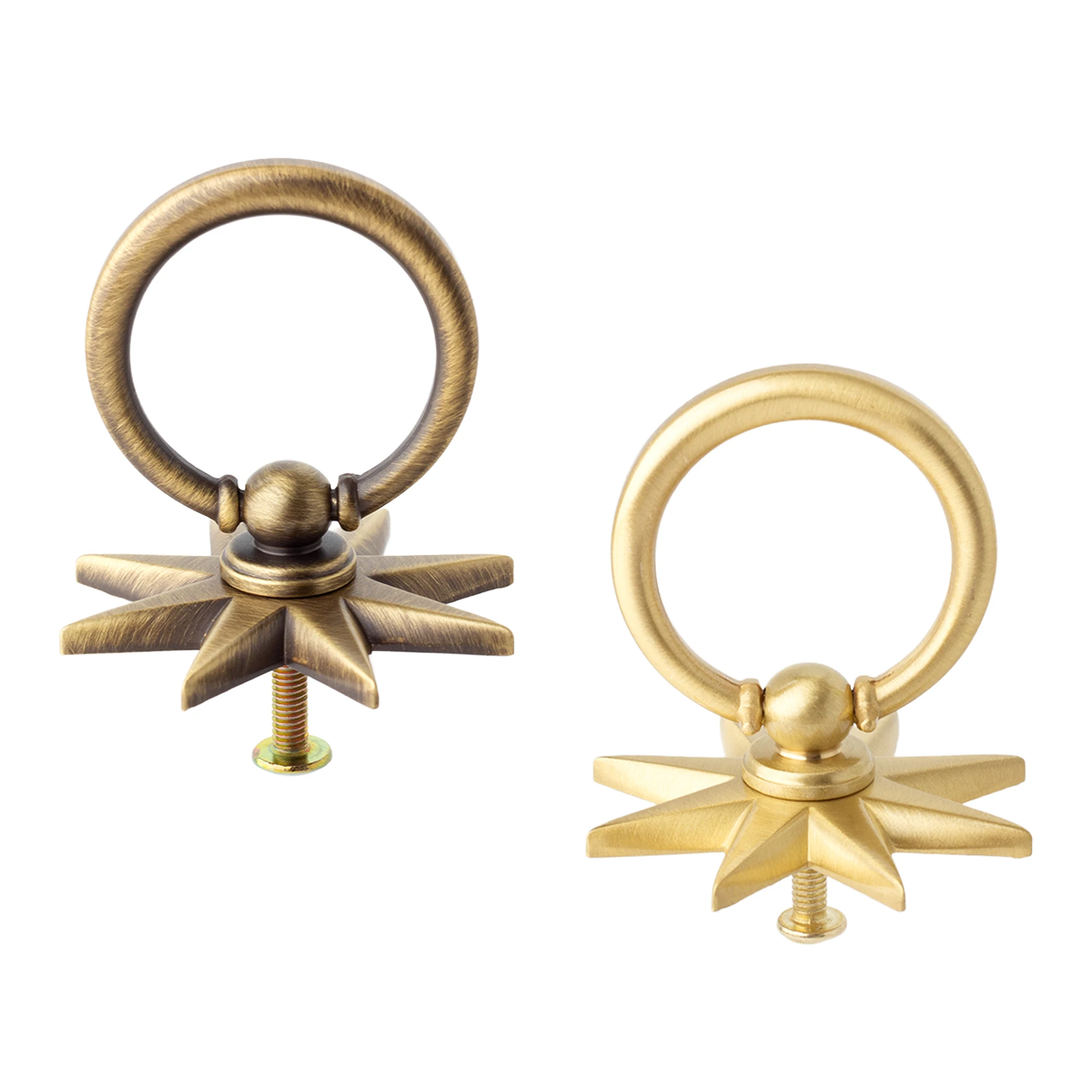 Antique Gold Anise Star Shape Ring Pulls Solid Brass Luxury Knobs Vintage Furniture Handles for Cabinets Cupboard Closet Drawer