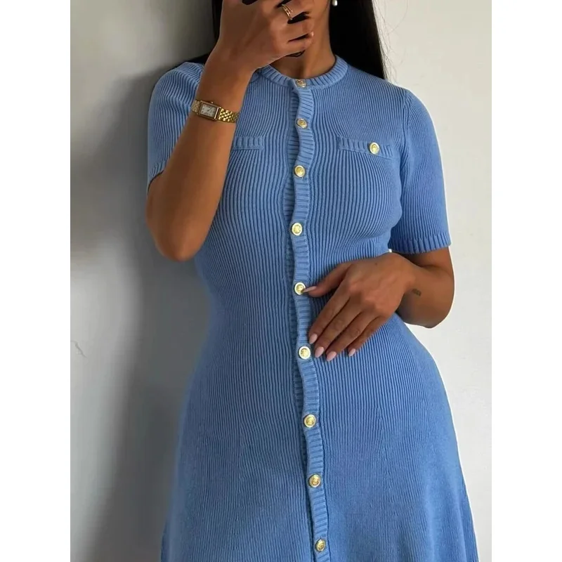 

Women's Blue Ribbed Knit Short Sleeve Midi Dress Casual Spring Fashion Single Breasted Casual Dress