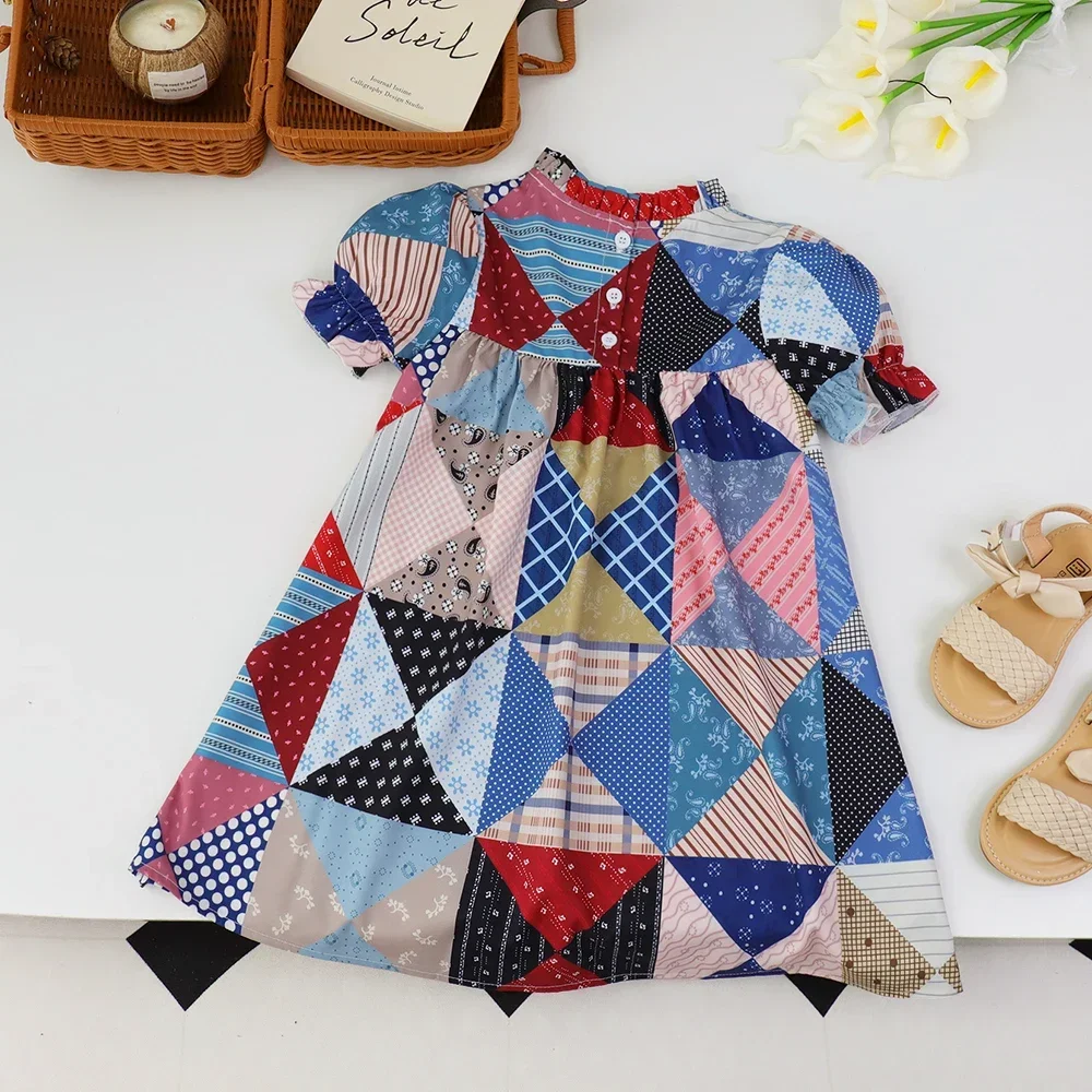 Summer Girls Patchwork Dress Puffy Sleeve Multi-color Plaid Skirt 3 To 7 Years Old Casual Style Children\'s Clothing Clothes