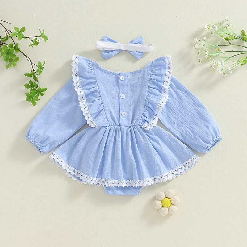 Romper de manga comprida das meninas do bebê com arco Headband, vestido de renda, macacão gola redonda, outono