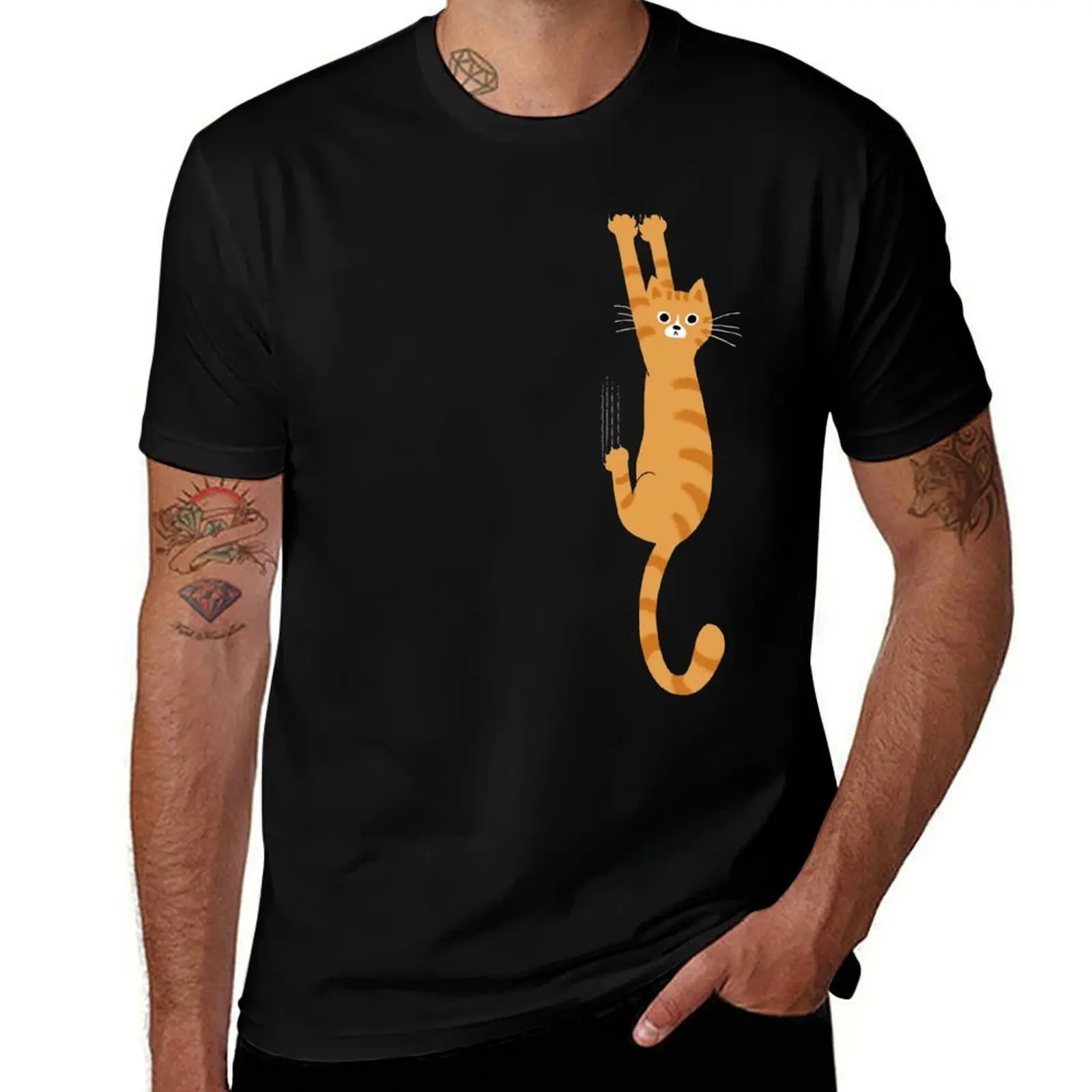 

Orange Tabby Cat Hanging On | Funny Striped Cat T-Shirt Daily Wear Plain Short Sleeve Shirt