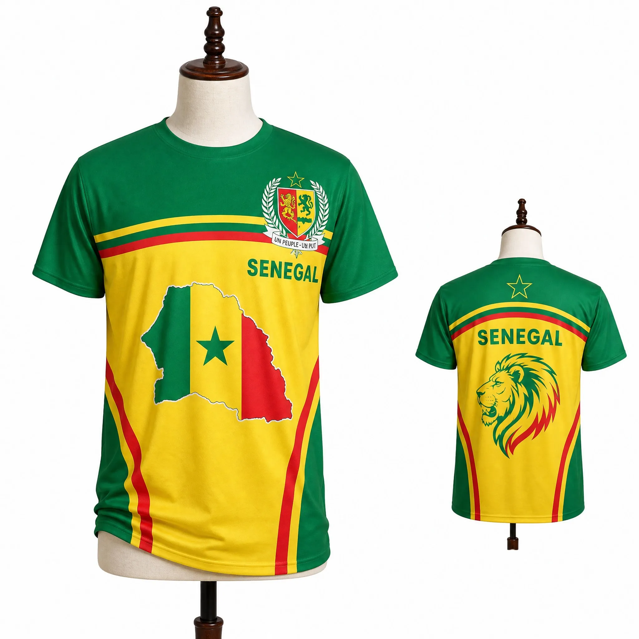 Senegal Mens Map Lion Graphic Tee Yellow Green Panel Shirt Short Sleeve Football Fan Top Street Stadium Casual Wear Summer Style