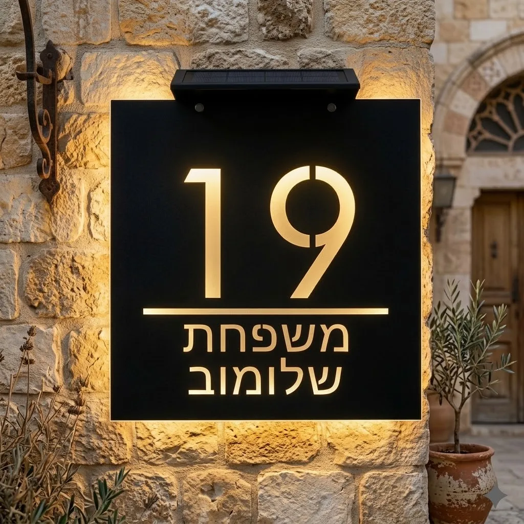 Personalized Hebrew House Number Sign, Solar LED Address Plaque, Warm White 3000K, Weatherproof Acrylic Door Sign for Home Villa