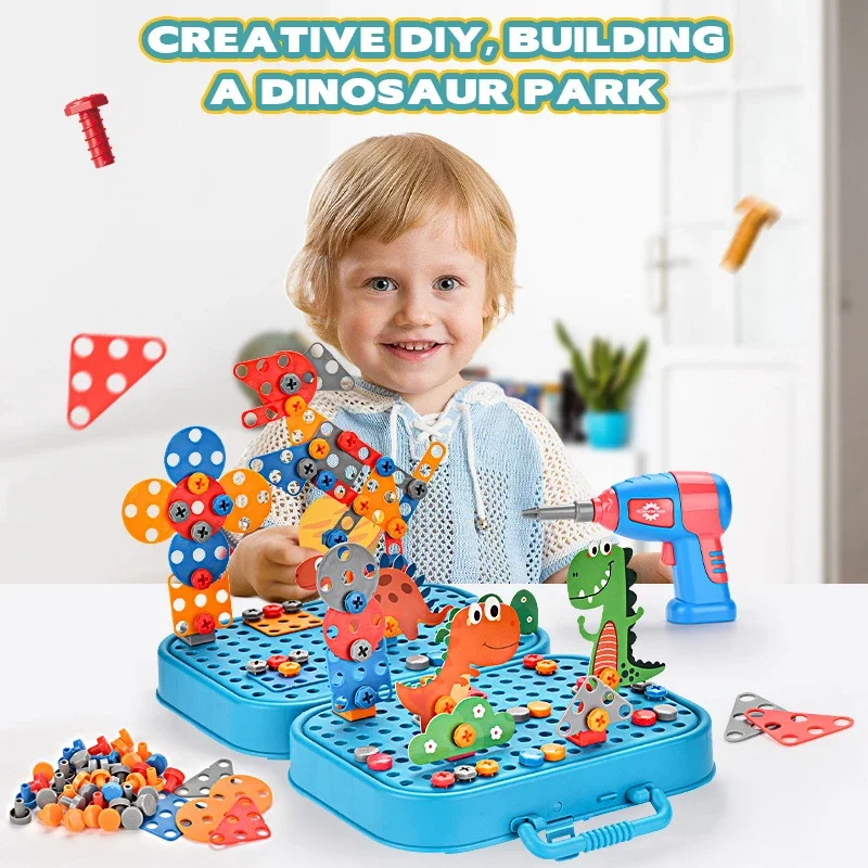 Crianças brinquedos conjunto de ferramentas broca elétrica parafuso porca bloco construção 3d puzzle brinquedos fingir jogar dinossauro perfuração montagem educacional